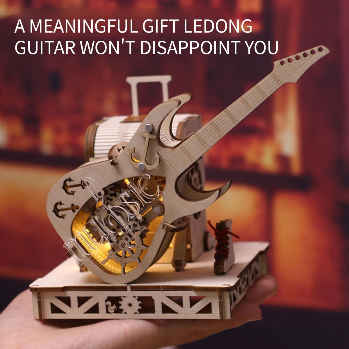 Kit di costruzione in legno 3D, carillon per chitarra, trasmissione meccanica, modello in legno per adulti, da costruire, decorazione per la casa, regalo di compleanno di Natale (150 pezzi)
