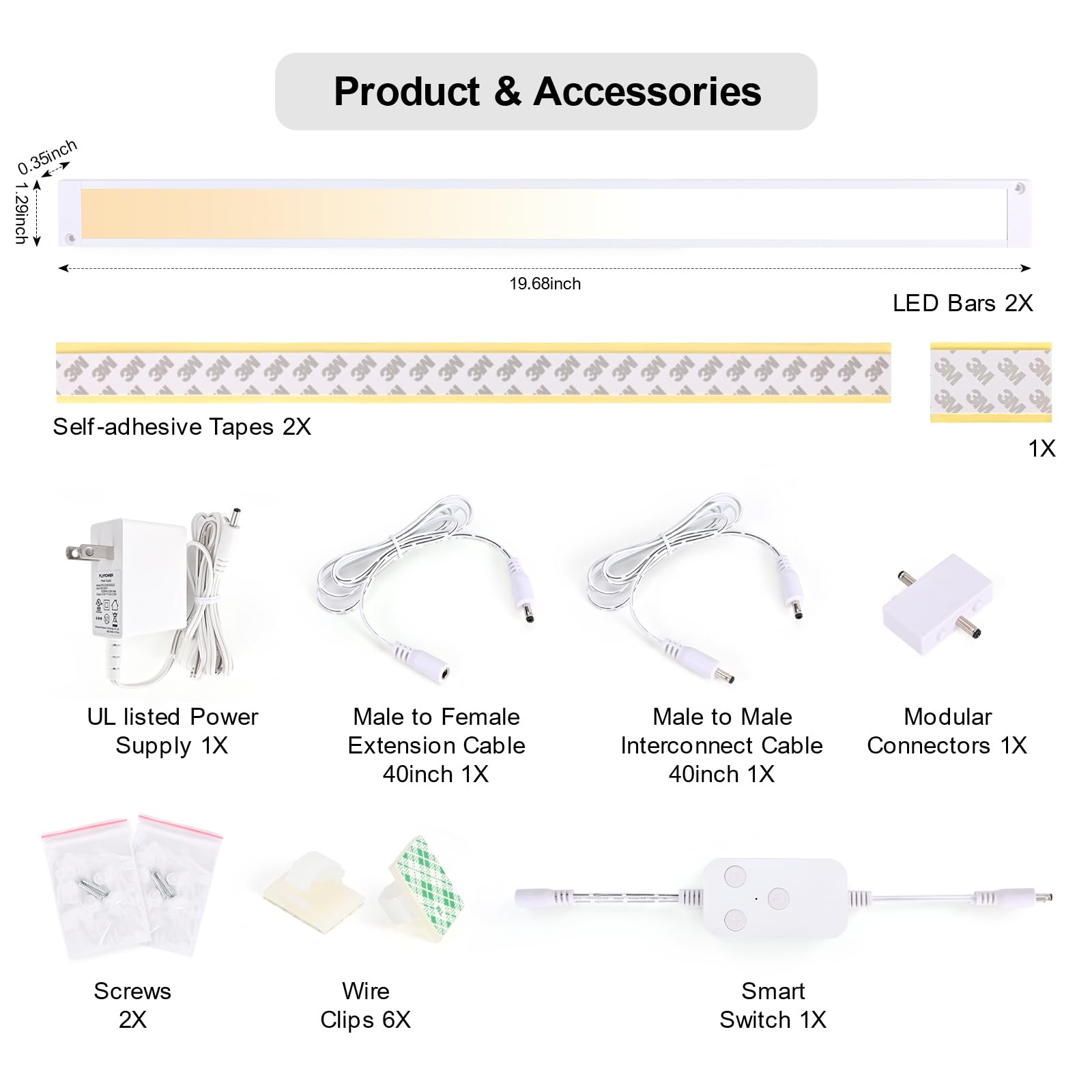 BLESSINGLUX 2pack 20inch Dimmable LED Under Cabinet Light Kit, 2700K to 6000K Smart LED Under Counter Lighting Fixture, Compatible with Alexa, Google Assistant, for Kitchen, Pantry, Shelf (White)