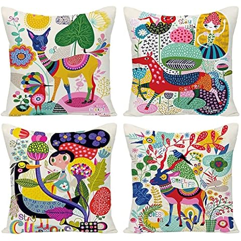 Kids Cartoon Zoom Decorative Throw Pillow Covers Cute Colorful Animal Home Decor Outdoor Cushion Cases for Children Room Sofa Couch 18X18 Set of 4 Cover
