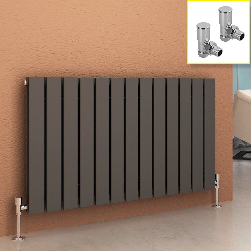 600 x 988 mm Anthracite Column Radiator Horizontal Double Flat Panel Designer Radiator with Angled Radiator Valves