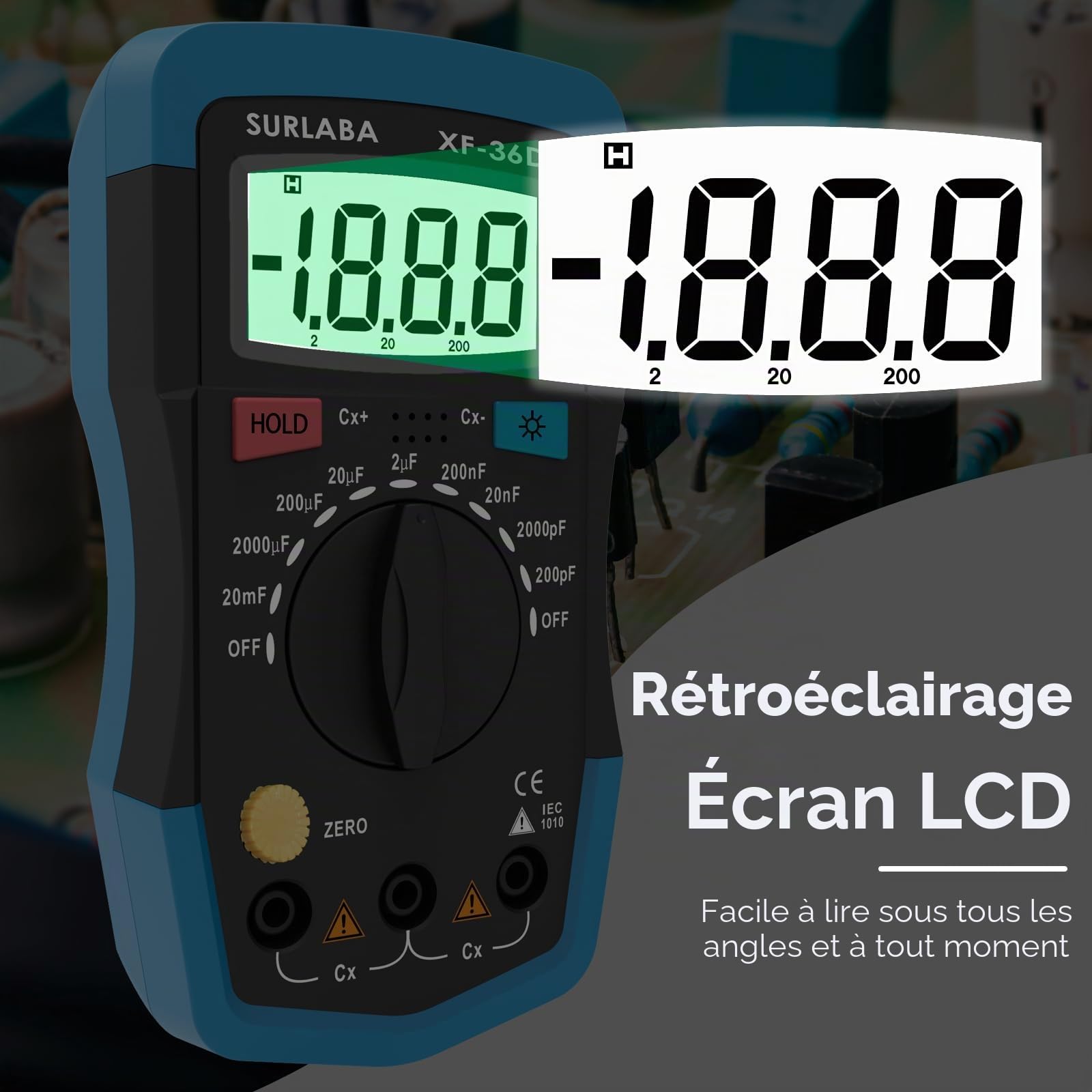 Capacimètre Numérique, XF-36D Condensateur Testeur 0.1pF à 20,000uF, 1999 Display Capacitance Mètre Multimètres avec Data Hold pour Accueil, Industrie, Test de défaillance