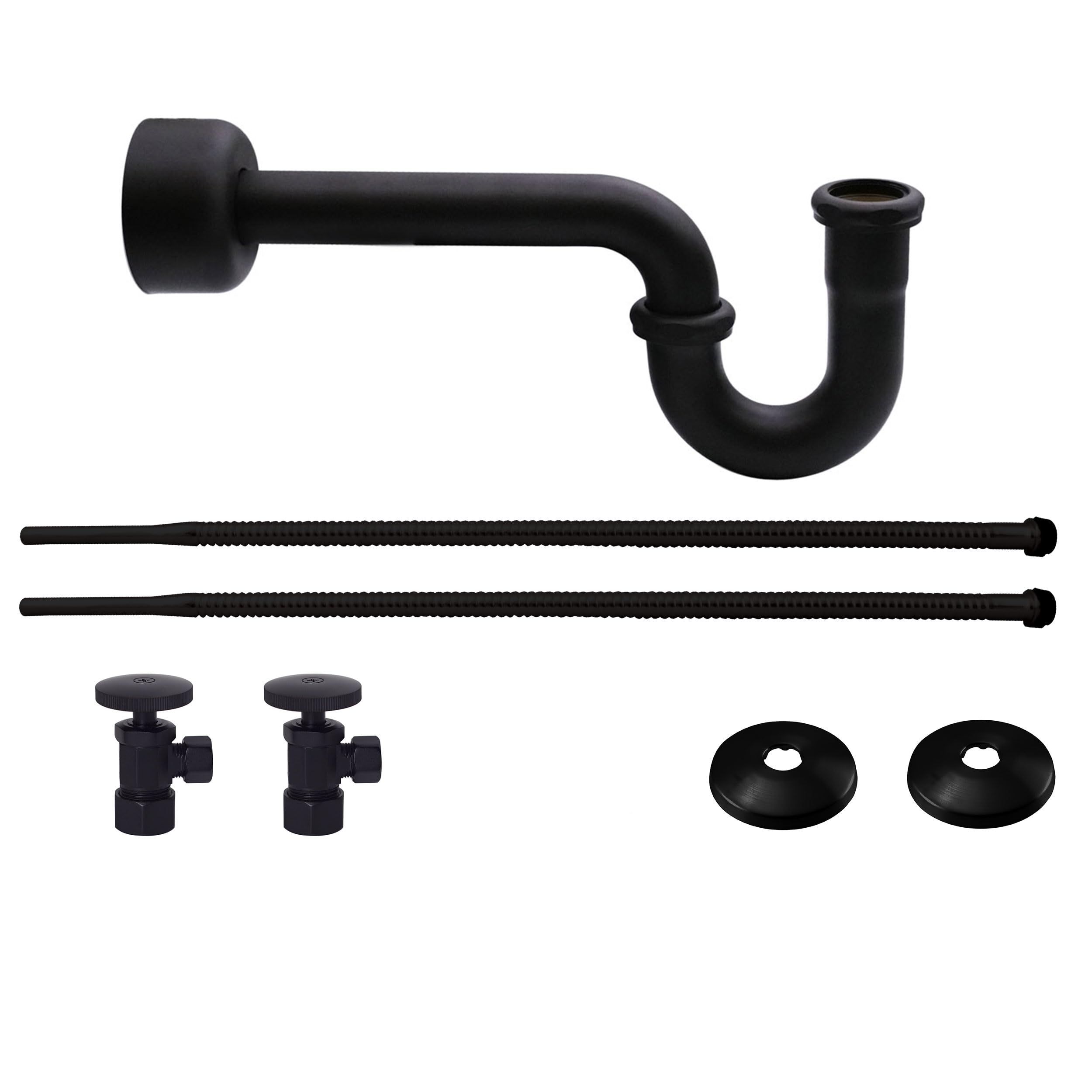 Westbrass A1538L-62 Pedestal Sink Lavatory Supply Line Kit with P-Trap and Round Handle Angle Stops, Matte Black