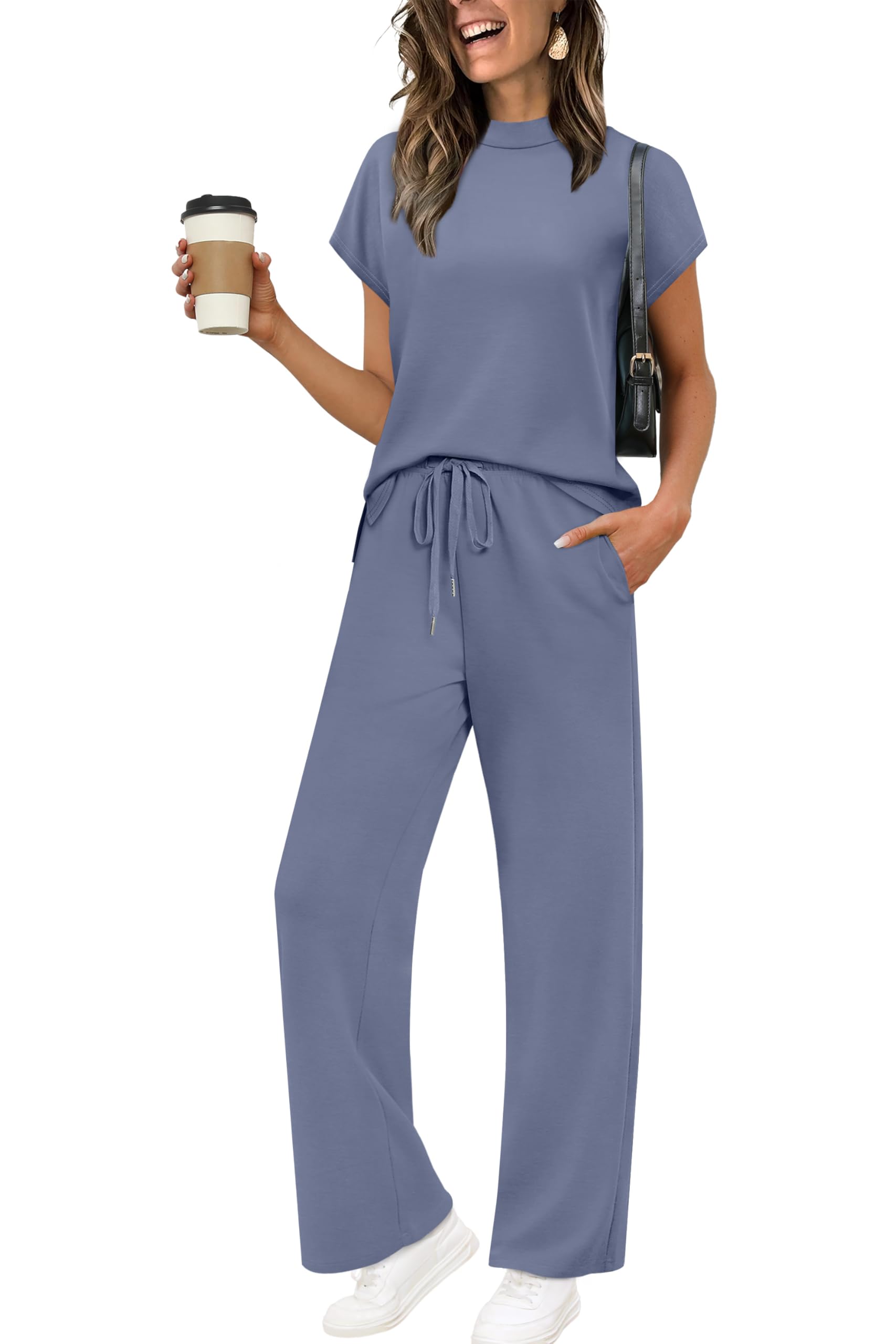 XIEERDUO Womens Side Slit Lounge Sets 2 Piece Travel Outfits Wide Leg Loungewear Fashion Mock Neck Tracksuits S-3XL