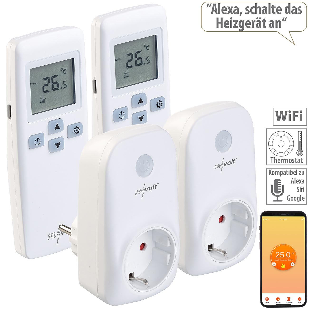 revolt Smart-Thermostat WLAN: 2er-Set WLAN-Steckdosen-Thermostat mit Sensor-Fernbedienung, App (Funk-Thermostat Infrarotheizung, Temperaturregler Steckdose, Heizstrahler)