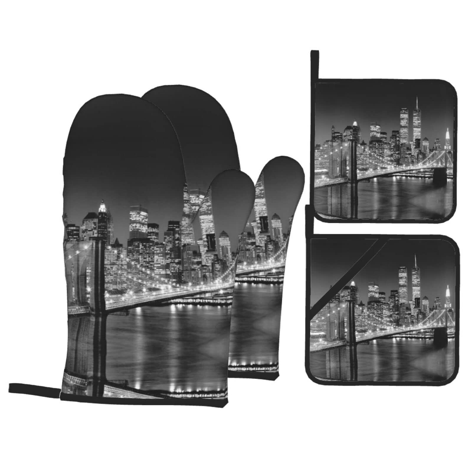 Gant De Cuisine Gauche + Manique En Silicone - Anti-chaleur, Antidérapant - Motif New York - Pour Four Et Micro-ondes