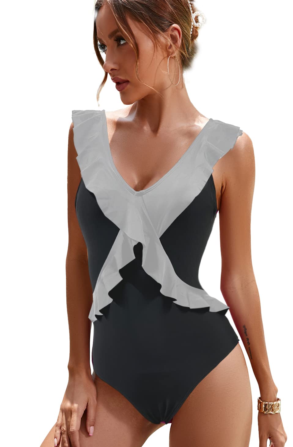 JFAN Trajes de Baño de Una Pieza para Mujer Monokini Ropa de Baño Cuello en V Floral Volantes Traje de Una Pieza Bikini Bañadore Set