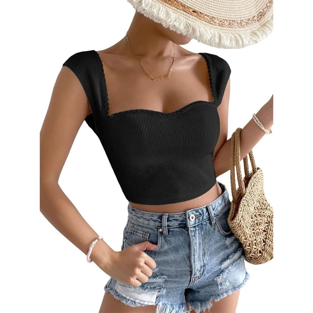 glare & blair Solid Sweetheart Neck Lace Trim Short Sleeves Casual Ribbed Crop Top for Women-picture-13