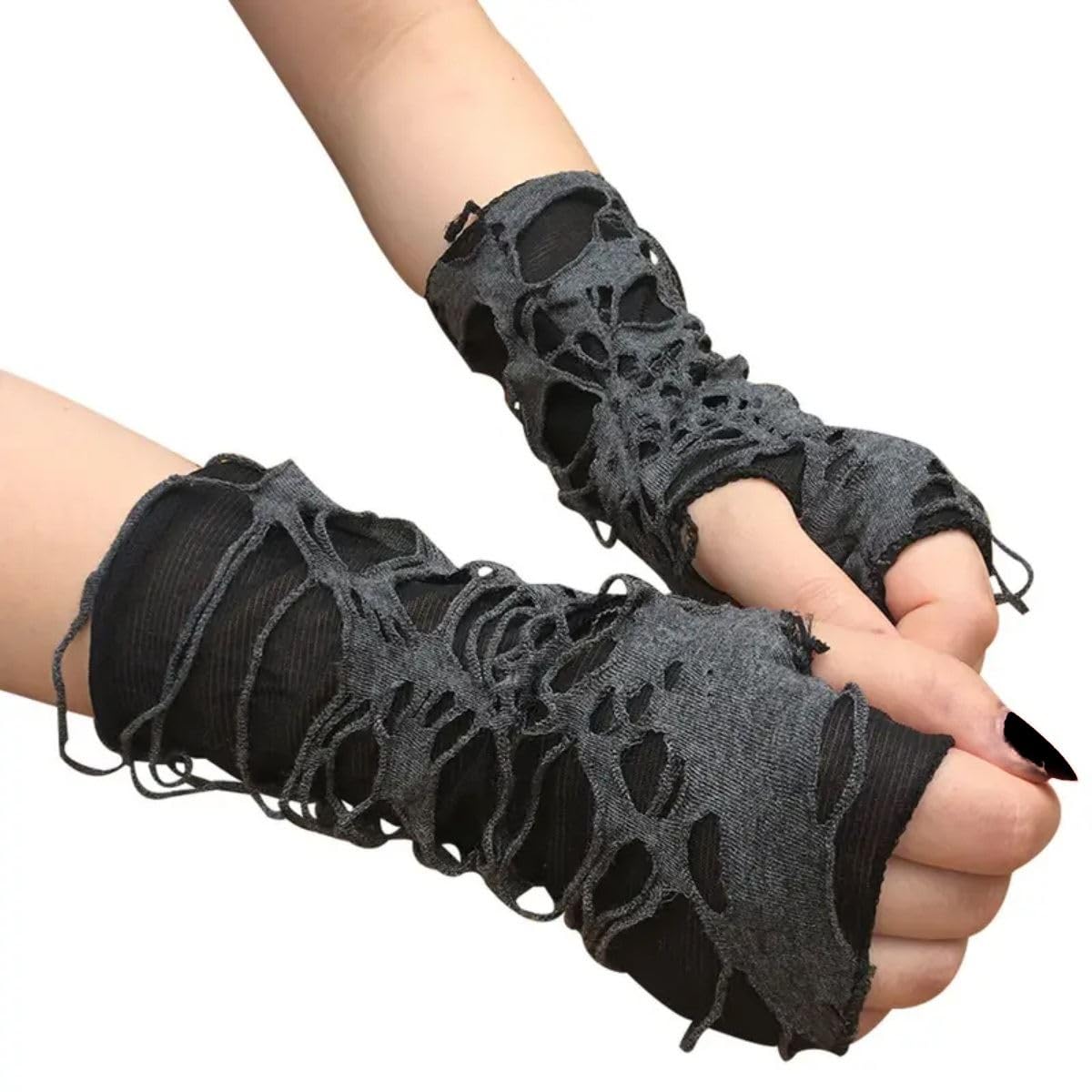 Distressed Fingerless Gloves Short Armwarmers Gothic Accessory Ripped