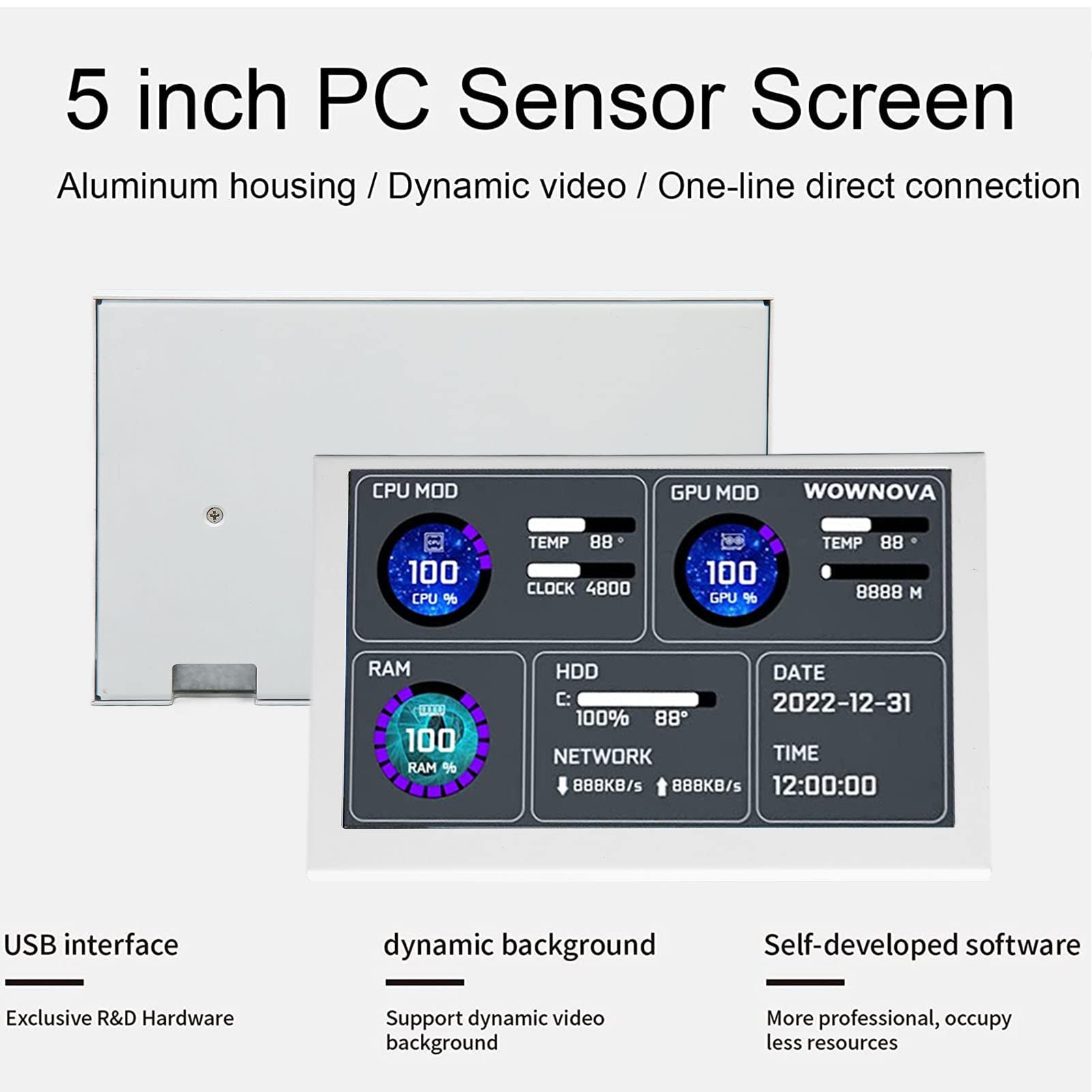 Moniteur de Température PC 12,7 cm (5 Pouces), Écran Mini USB IPS Panneau de Capteur PC, Affichage Données CPU GPU RAM pour, Affichage Température PC avec Prise USB