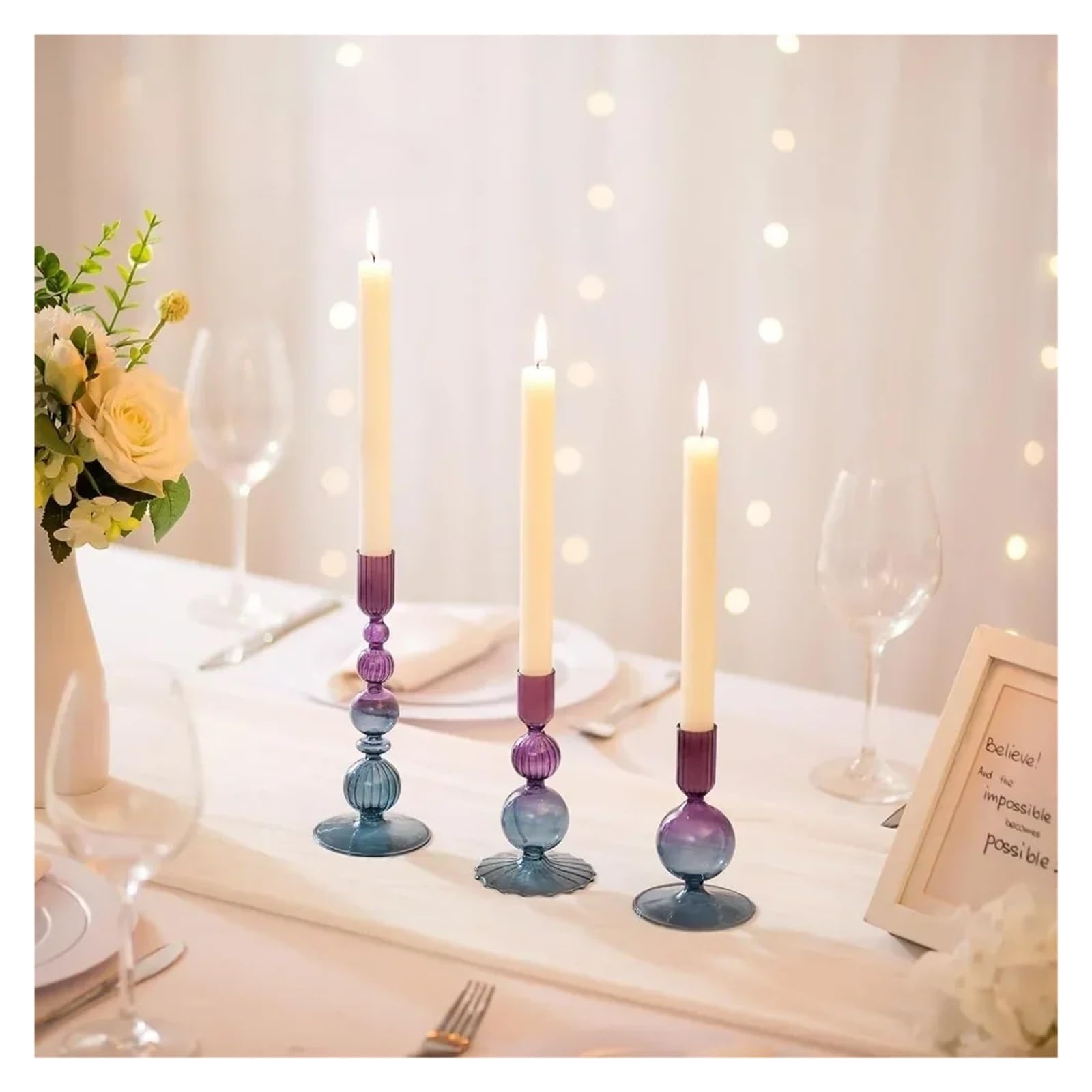 Kerzenständer 3-teiliges Set Kerzenhalter aus Glas, einzigartige, konische Blumenvase, Kerzenständer, romantisch-minimalistisch for Tischdekoration, Heimdekoration(Purple Blue)