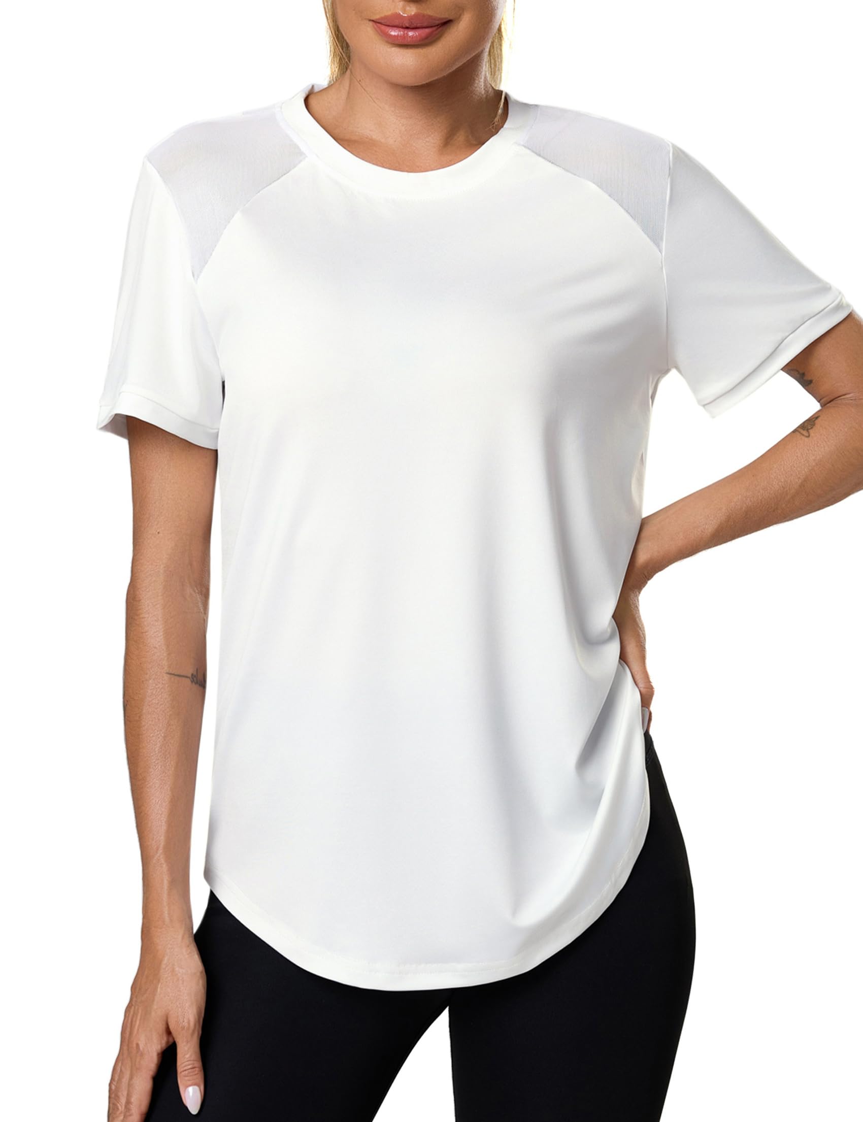 Terecey Sportshirt Damen Kurzarm Leichtes Atmungsaktiv Mesh Laufshirt Fitness Gym Oberteile Rundhals Sport Top Frauen Sommer Longshirt für Fitness Laufshirt Yoga Fitness