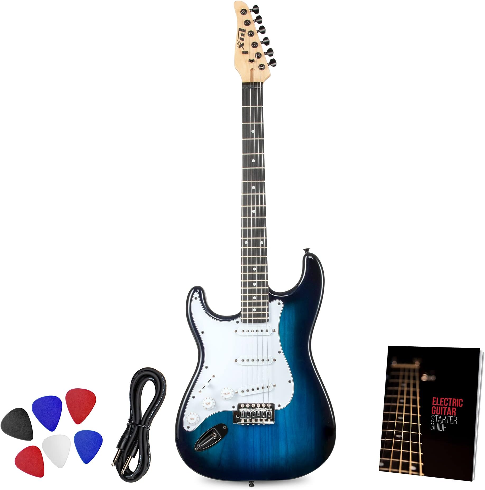 LyxPro CS 39โ Left Hand Electric Guitar Kit for Beginner, Intermediate & Pro Players with Guitar, Amp Cable, 6 Picks & Learnerโs Guide, Solid Wood Body, Volume/Tone Controls, 5-Way Pickup - Blue