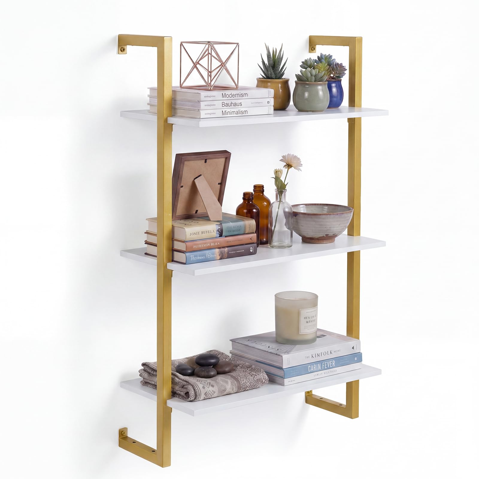 KOMFOTTEU Estantería de Pared de 3 Niveles, Estante de Almacenamiento Suspendido con Estructura Metálica, Mueble Organizador para Oficina, Cocina, Salón, 53 x 23 x 90 cm (Dorado y Blanco)
