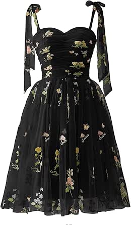 SUOLUOS Women's Apricot Tulle Flower Embroidery Short Homecoming Dresses Spaghetti