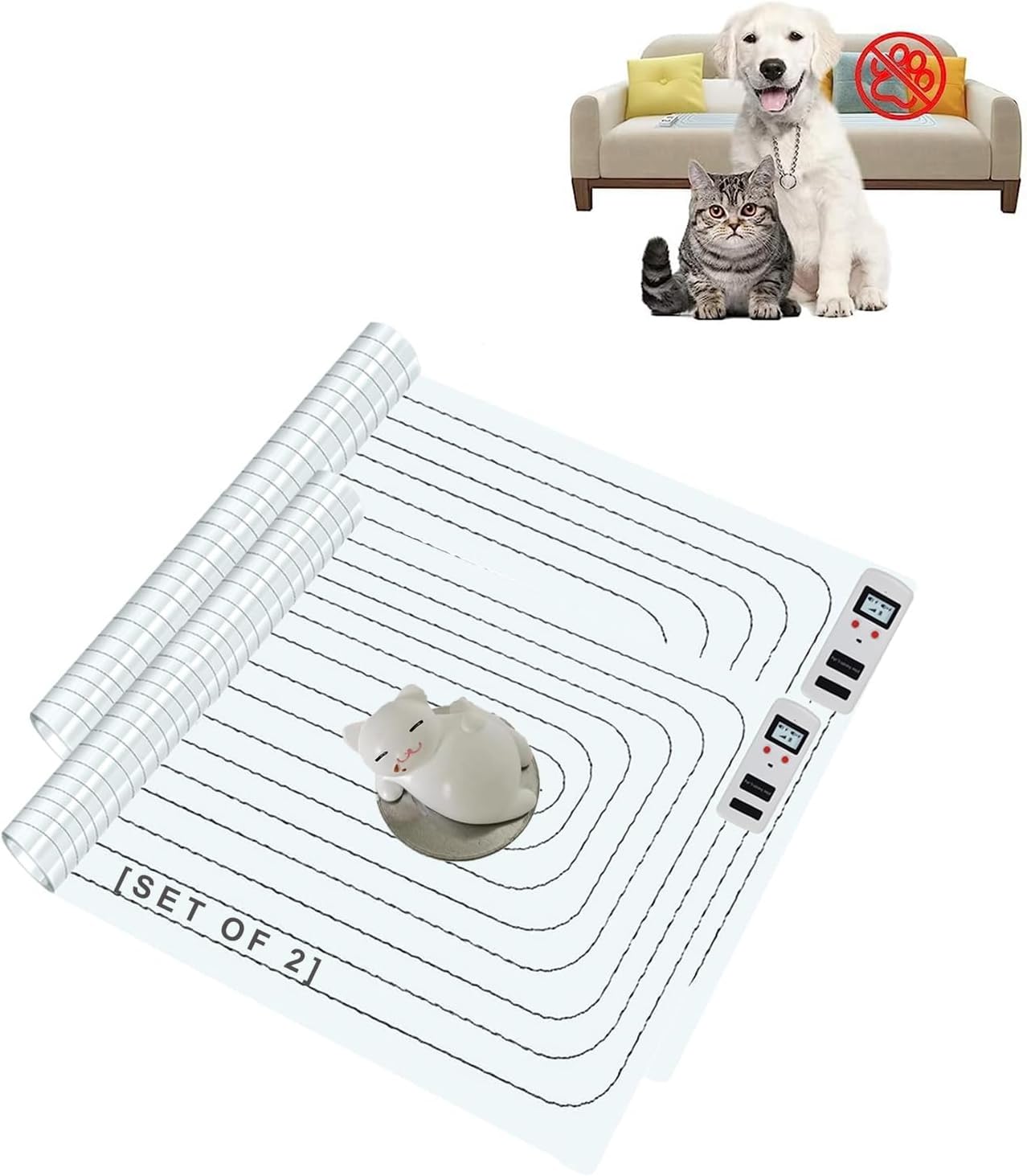SEERWAY Scat Pet Shock Mat Upgraded 2 Pieces 48"x20" with Tester, Shock Pads for Dogs and Cats Training Indoor, Electric Repellent Mat Keeps Pets Off Couch, Sofa, Countertop, 3 Training Modes