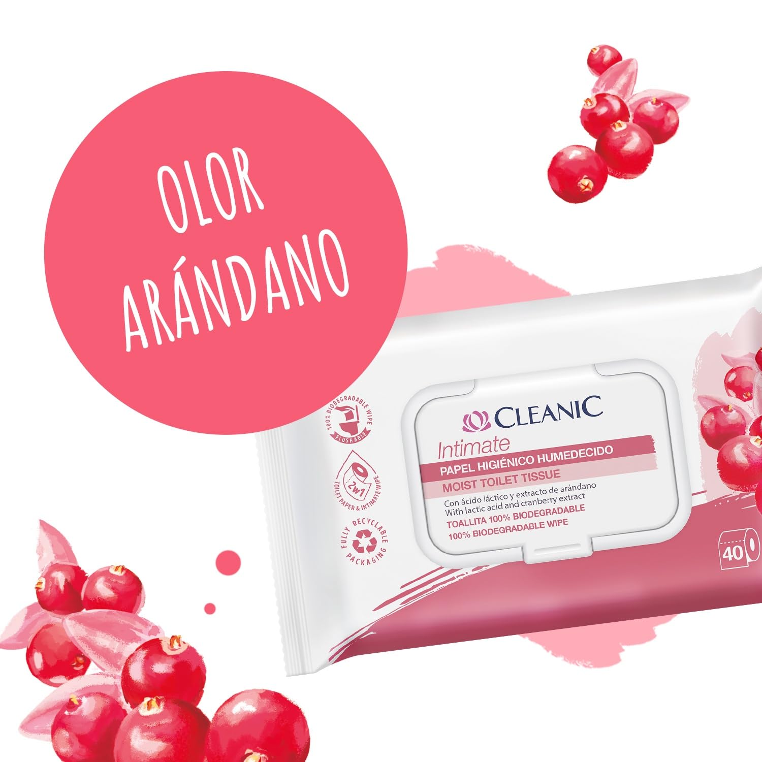 Cleanic Intimate Papel Higiénico Húmedo desechable - combina papel húmedo y toallitas. Limpia la zona íntima con extracto de arándano y prebiótico. 640 unidades (16x40)