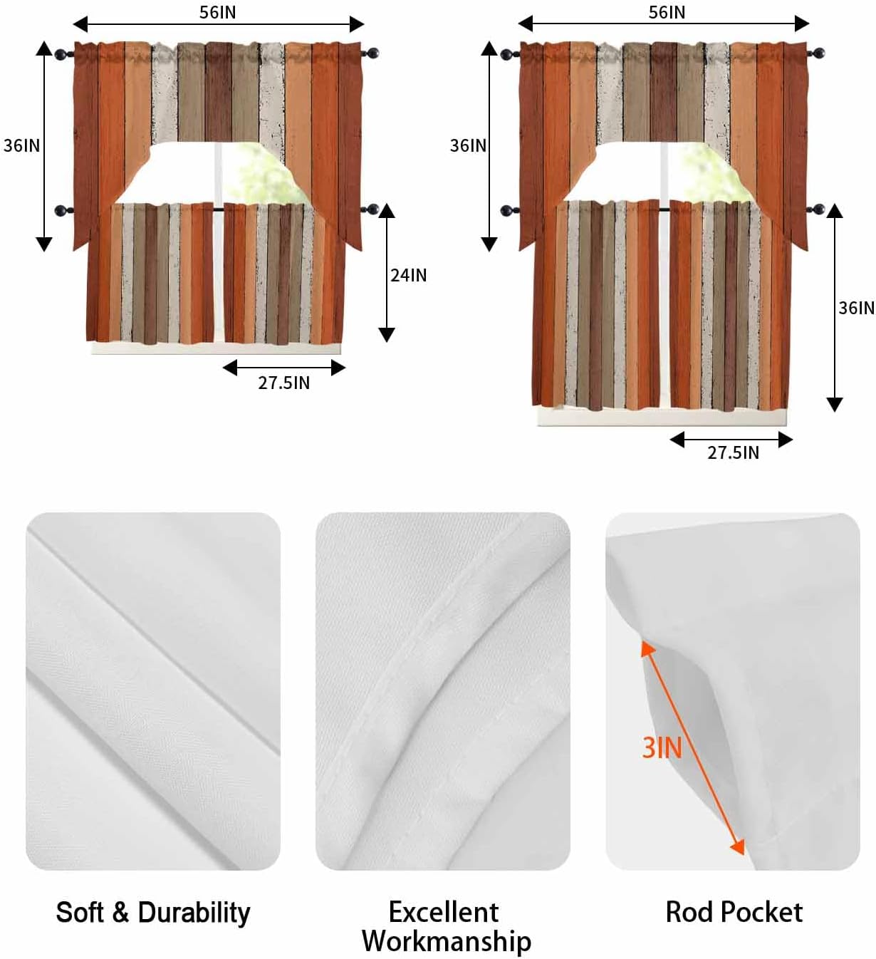 Kitchen Curtains Sets 24 Inch Length with Valance, Country Retro Burnt Orange Brown Swag Valances for Windows and Tiers Curtain Set, Wood Grain Rustic Light Filtering Drapes for Living Room, Cafes
