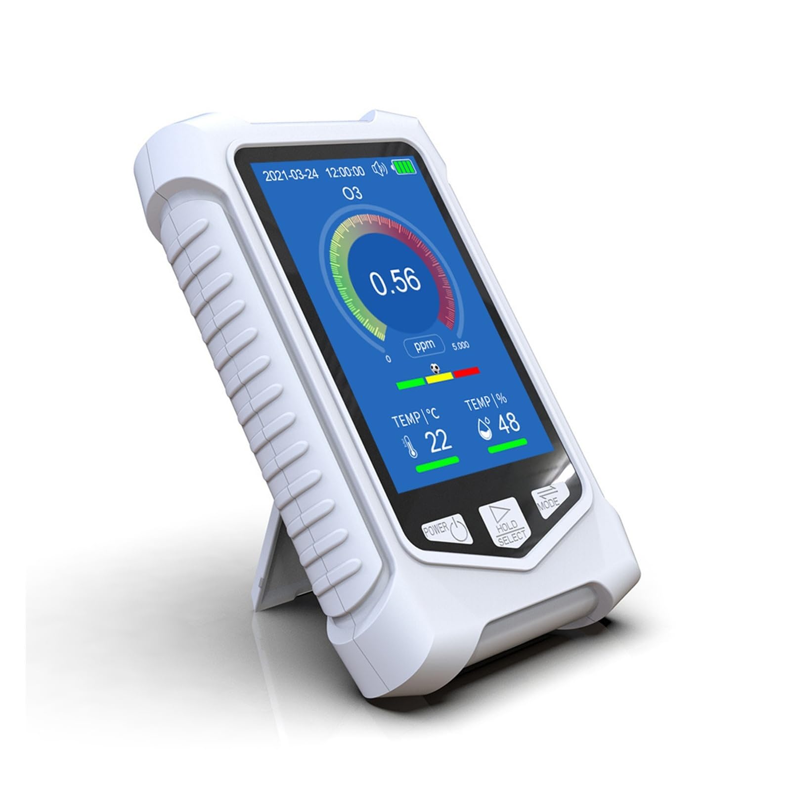 Moniteur de qualité de l'air Portable avec détecteur de gaz O3, de température et d'humidité, écran LCD et alarmes visuelles et sonores. Intérieur/Extérieur