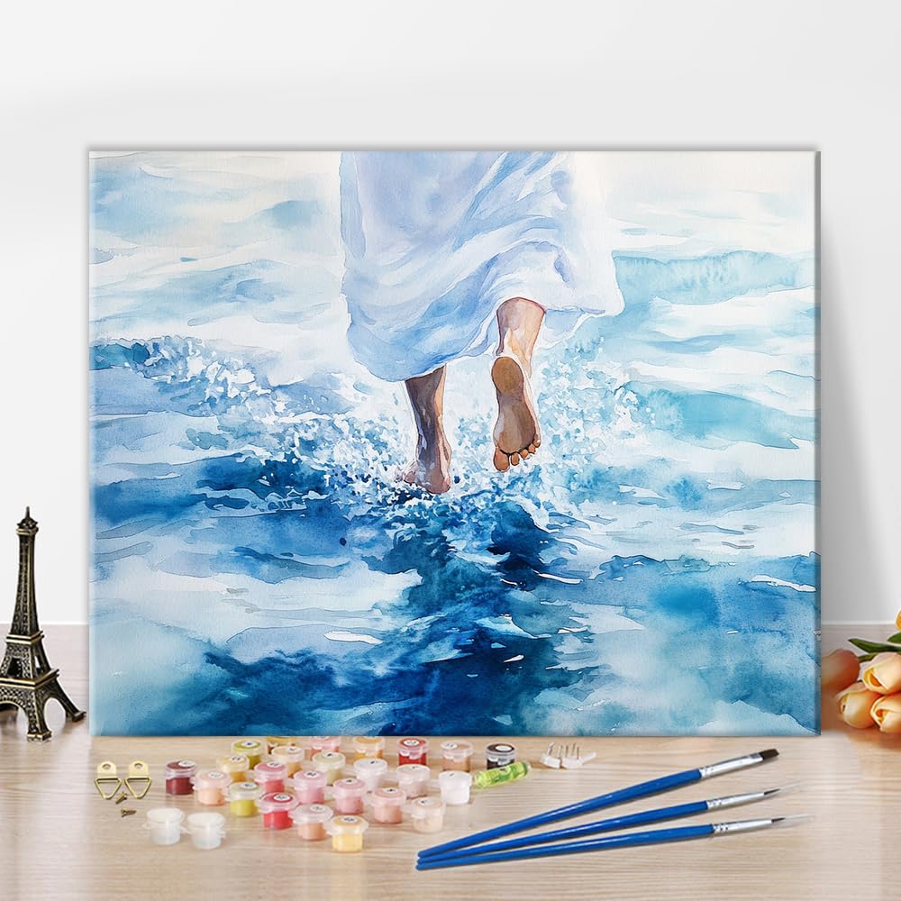 Adults Paint by Numbers Kit for Beginners Jesus Walks on Water Religious Paint by Numbers Kit for Adults Christian Themed DIY Canvas Painting with Ocean Waves and Disciples Acrylic 16x20 Inch — image 1