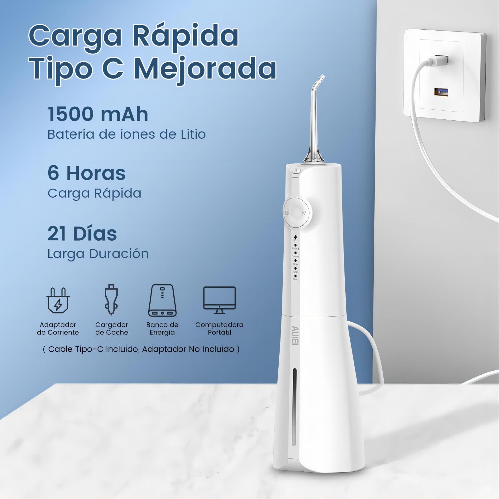 AUIEI Irrigador Dental, Irrigador Bucal Portatil Inalámbrico Profesional 8 Boquillas 5 Modos, USB Recargable Para Limpieza de Dientes, IPX7 Impermeable 300ML, Para Hogar y Viajes (Blanco)