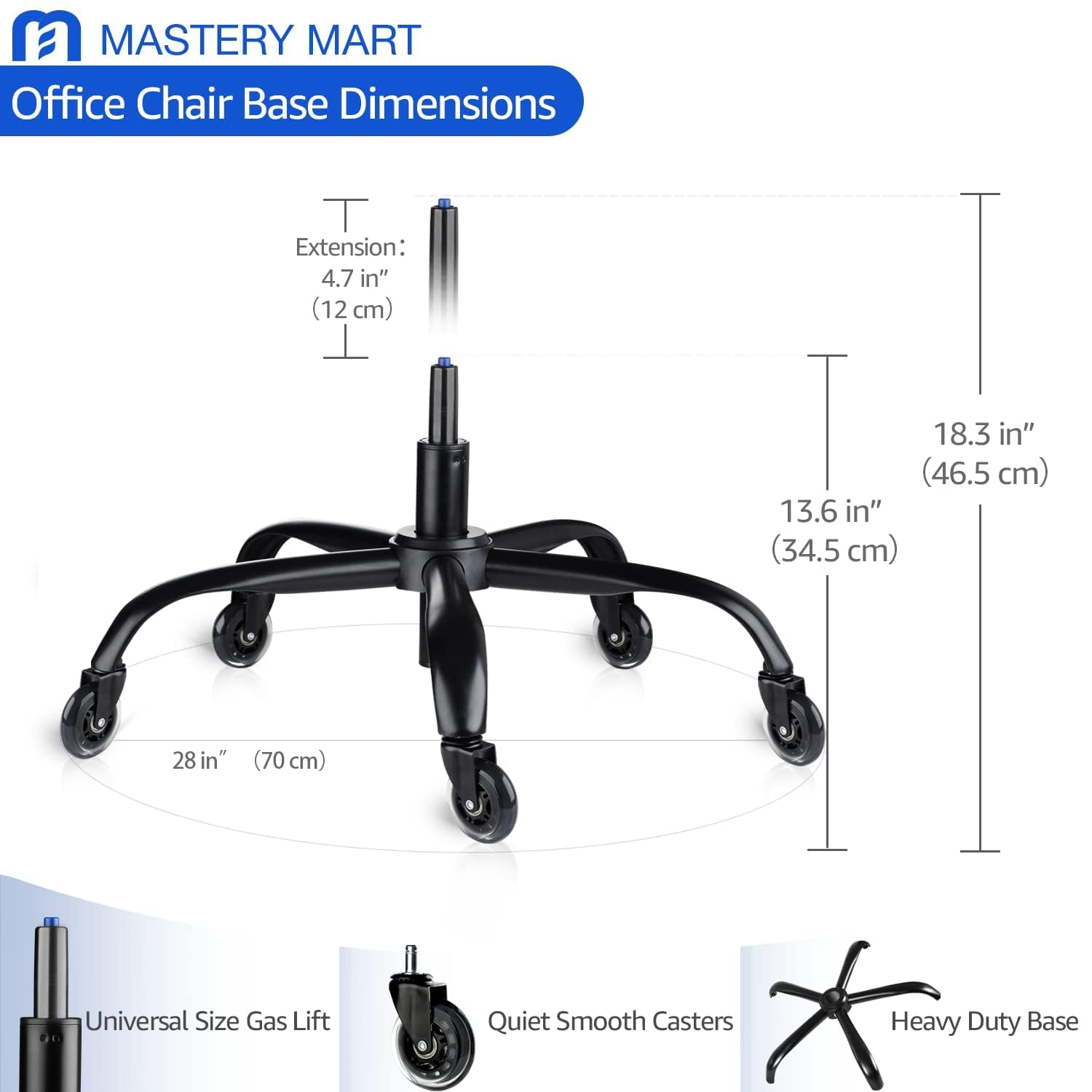 MASTERY MART Ersatz-Bündel für Bürostuhl, strapazierfähig, 159,7 kg, leise und reibungslose Gleitfähigkeit auf allen Böden, Drehstuhl-Unterteil mit Rollen und Gasdruckfederzylinder, 11,9 cm Reiselänge