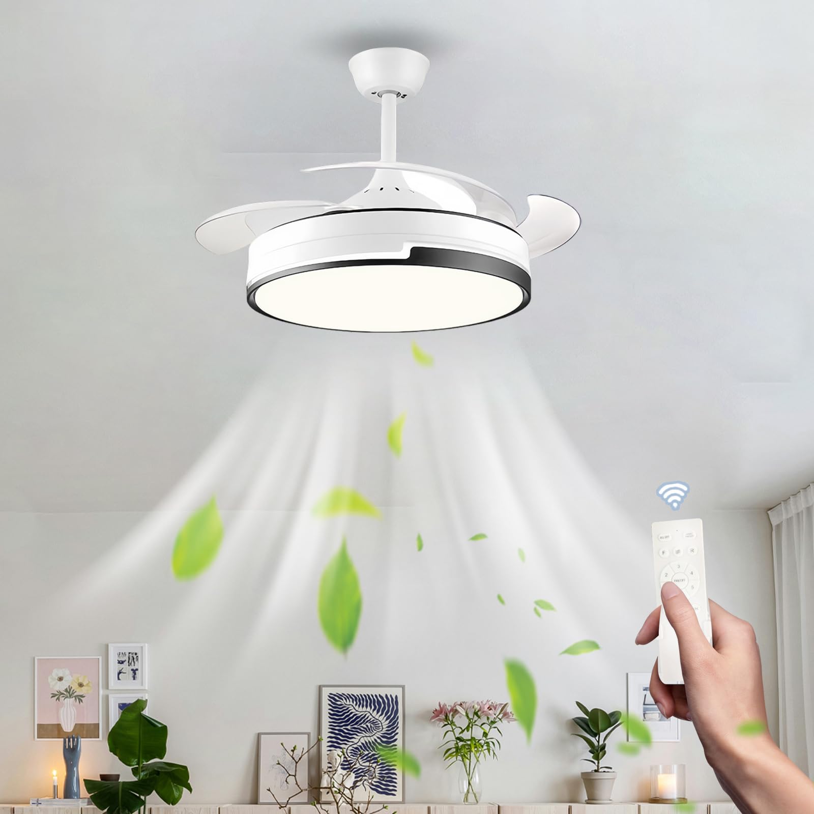 HXYSXHJUO Modern Ceiling Fans with Lights and Remote for Bedroom, Silent Foldable Blades Lamps, Dimmable White Fan Dining Room,Living Room, Office, Reversible-Black