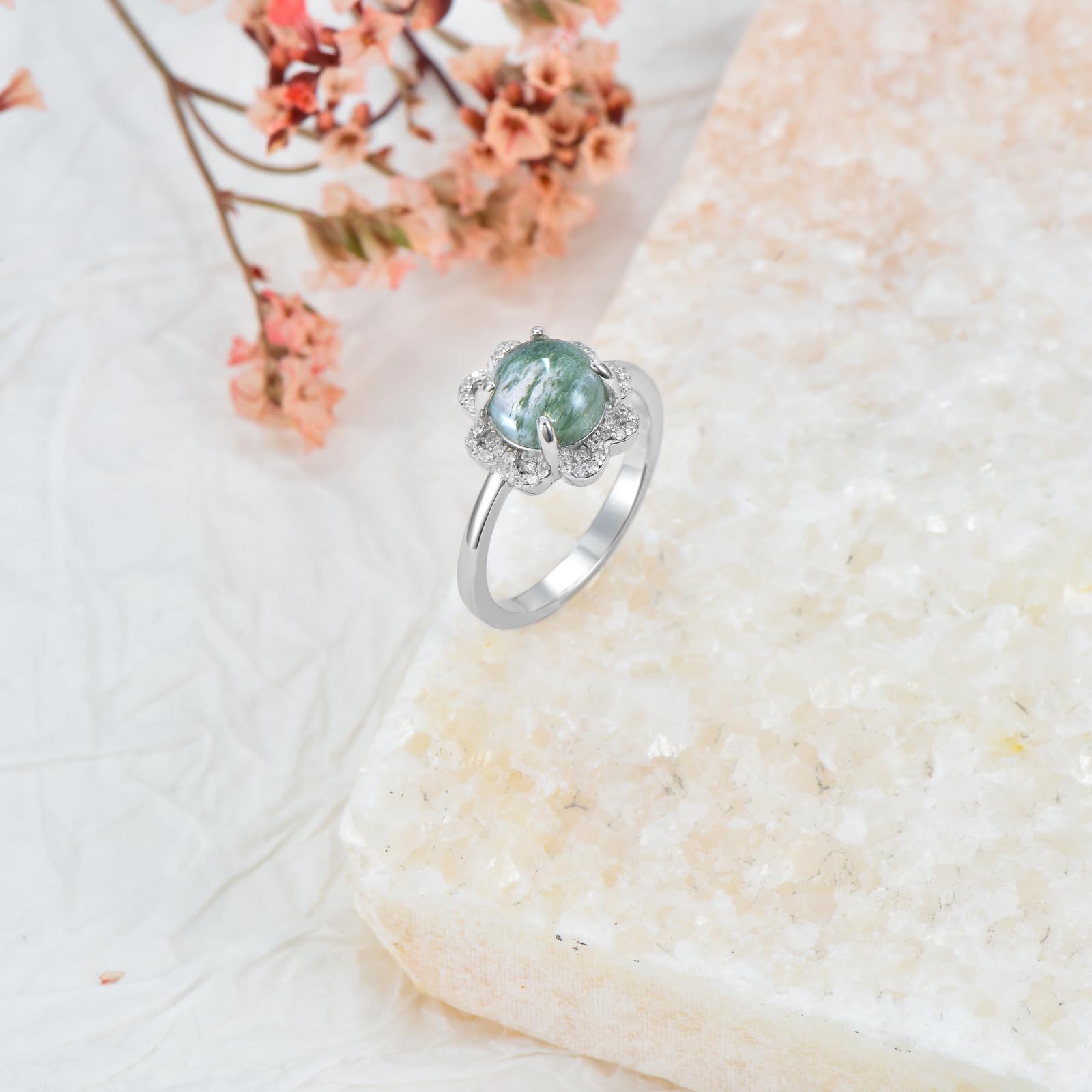 Anillo de ágata musgosa natural de plata de ley y ágata musgosa, anillo de compromiso, joyas de ágata musgosa, regalos para mujeres