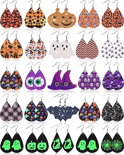 25 Pairs Halloween Faux Leather Earrings Teardrop Drop Dangle Earrings Jewelry Gift for Women Costume Party Decoration Supplies