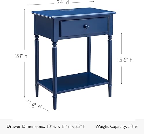 Miniatura 3 de Leick Home Mesita de noche costera, madera maciza, con carga USB-C, 1 cajón y 1 estante, azul marino, 20022-NV marino,roble medio/ennegrecido,Negro