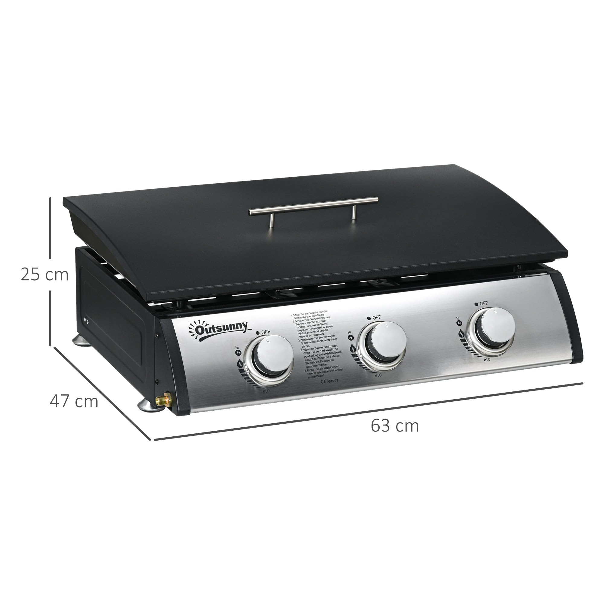 Outsunny Gasgrill mit 3 Brenner 7,5 kW Grillfläche 61 × 35,5 cm tragbarer Tischgrill mit Deckel Tischgasgrill aus Edelstahl BBQ Campinggrill für Garten Balkon Camping Schwarz