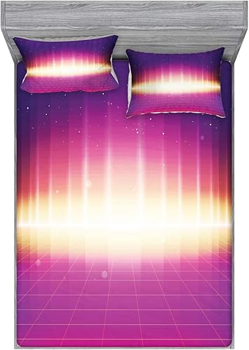Miniatura 7 de Ambesonne Rave Fitted Sheet & Pillow Sham Set, 80s Retro Sci-Fi Background Retro Futuristic Synth Sound Wave Lines Checkered Squares, Decorative