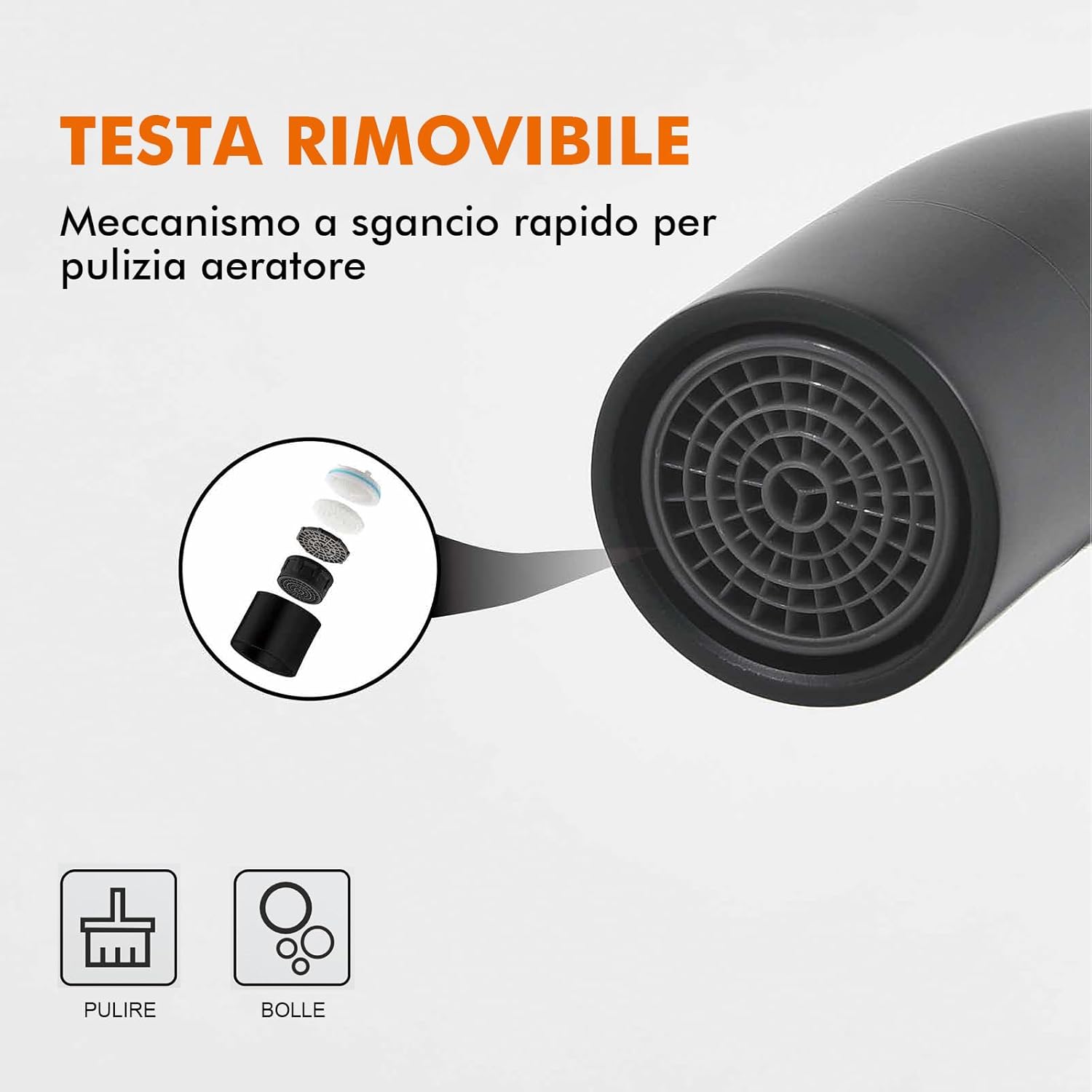 Nærbillede view of the removable aerator head of the Grifema G4008B faucet, showing its internal filter layers for easy cleaning.