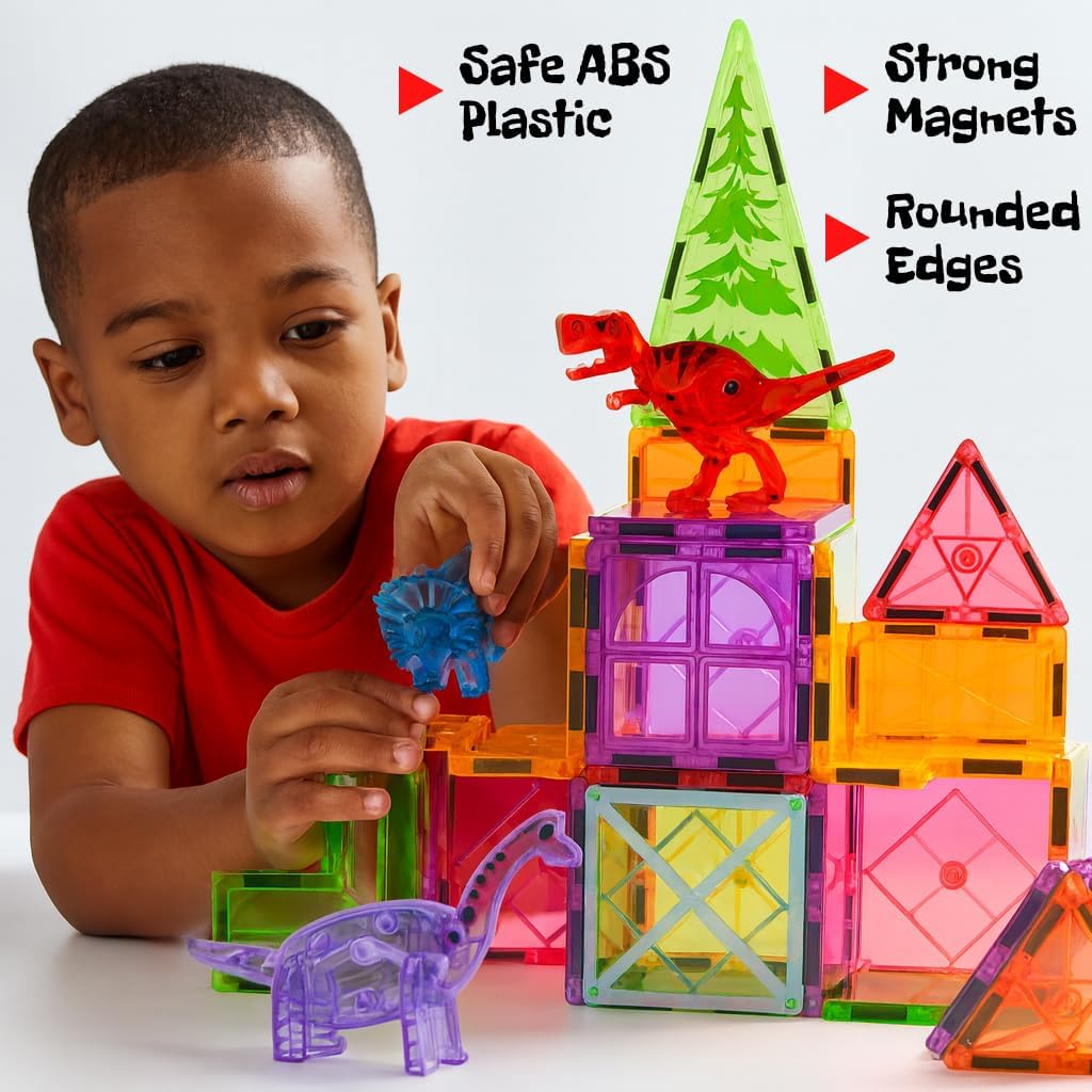 Magnetic Tiles 32 Piece Set, Dinosaur Toys for Kids 3-5, STEM Building Blocks with Trees and Figures, Educational Construction Set for Boys and Girls