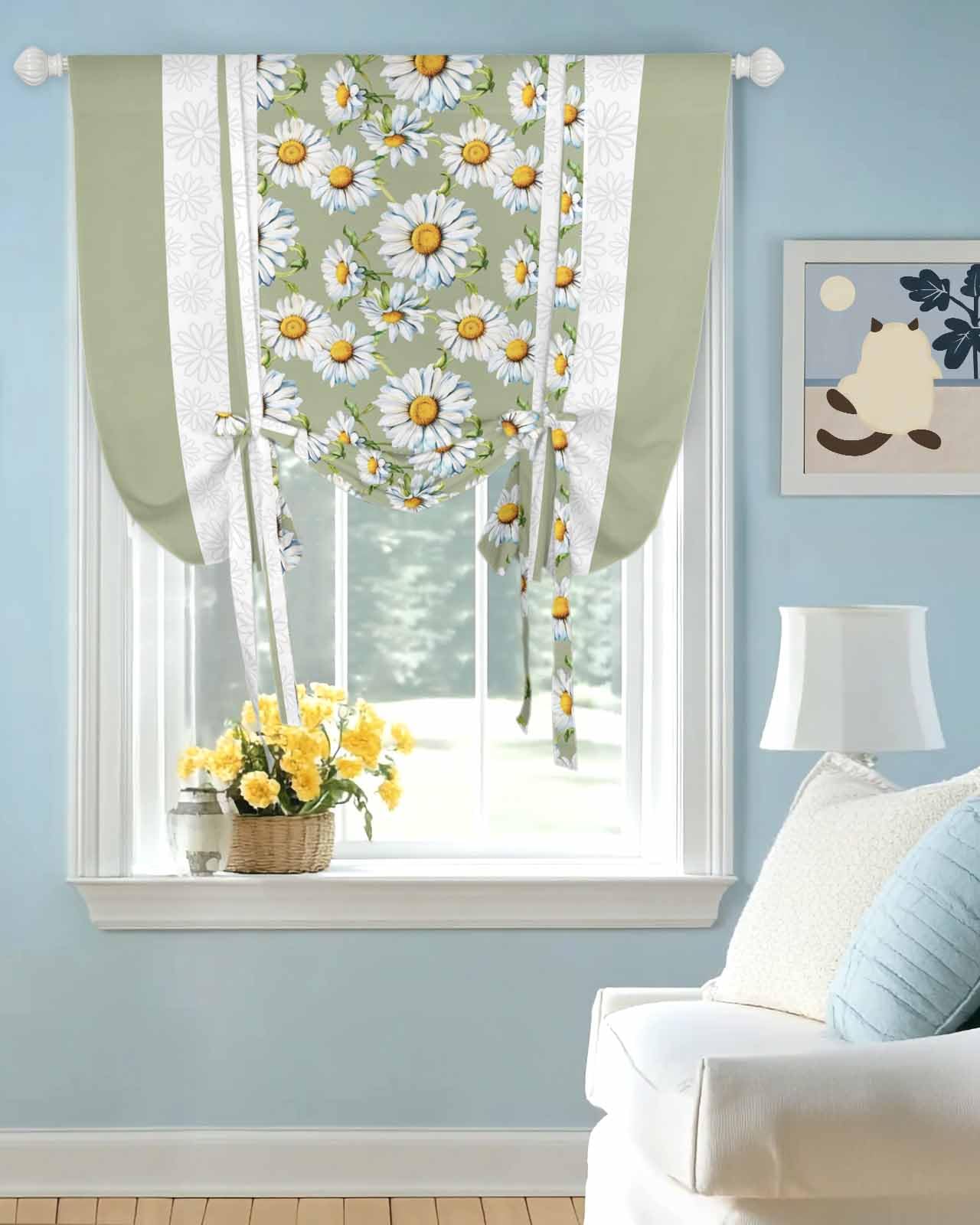 Tie Up Curtains for Windows Watercolor Farm Daisy Flowers Rod Pocket Tie-Up Window Shade Adjustable Balloon Curtain Valance Green White Striped for Bedroom Kitchen Bathroom Blinds,34x45in