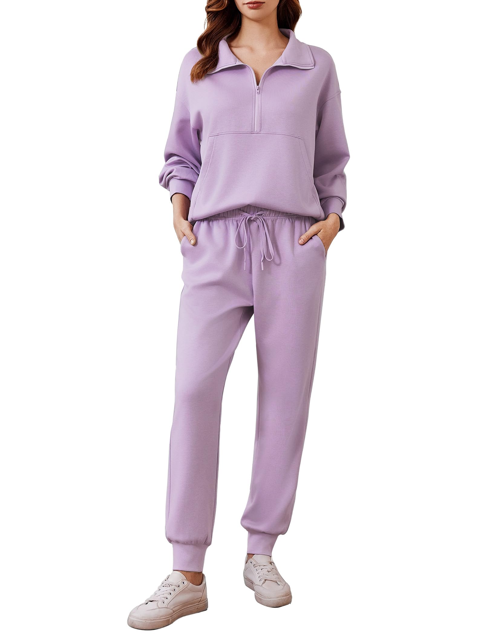 PINSPARK 2 Piece Sets for Women Long Sleeve Half Zip Tracksuit Jogger Sets | 2026 Fall Travel Outfits Lounge Set, Lightweight Soft Air Layer Fabric, Kangaroo Pocket Sweatshirt, Drawstring Joggers Pants