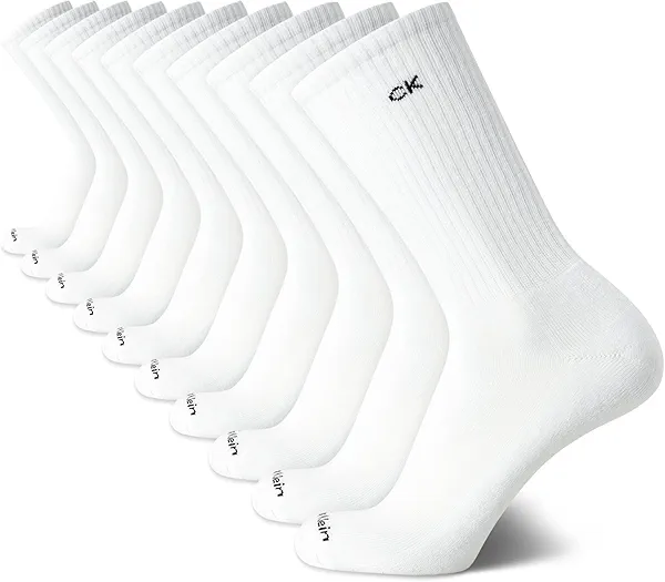 Calvin Klein Men’s Athletic Crew Socks - 10 Pack Ribbed Knit Breathable Cushion Sports & Workout Socks for Men (7-12)