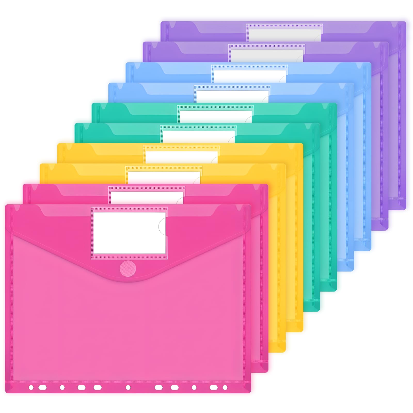 JEFURE A4 Plastic Wallets 10PCS, 11-Hole Waterproof Plastic File Folders, Document Folder Wallets with Label Pocket for Document and Office Supplies Organization, 5 Colors