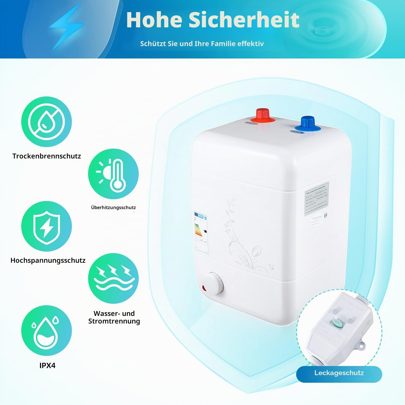 8L Kleiner druckfester Warmwasserspeicher, 220V 1500W Elektrischer Warmwasserbereiter Temperatur Einstellbarer Warmwasserbereiter mit Sicherheitsventil für Washbasin Bathroom Schulen