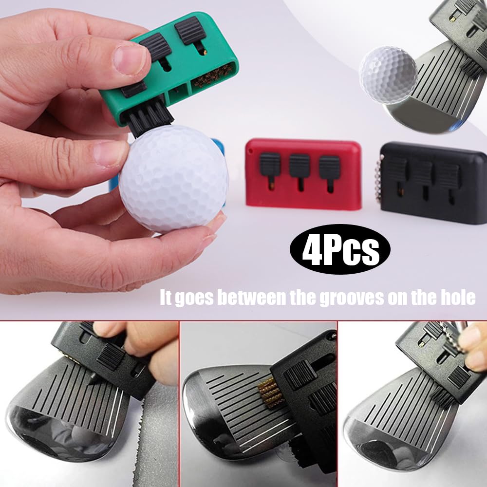 Lot de 4 brosses de nettoyage pour club de golf, taille de poche, brosse de nettoyage multi-usages, kit de nettoyage 3 en 1, portable et rétractable pour balles de golf (4 couleurs)
