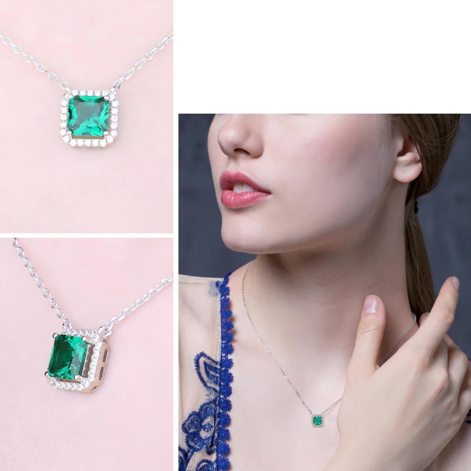Collana con Pendente in Argento Sterling 925 con Smeraldo Nano Simulato Quadrato da 1,7 Carati per Donna Regalo Girocollo con Pietre Preziose Verdi 45 Cm