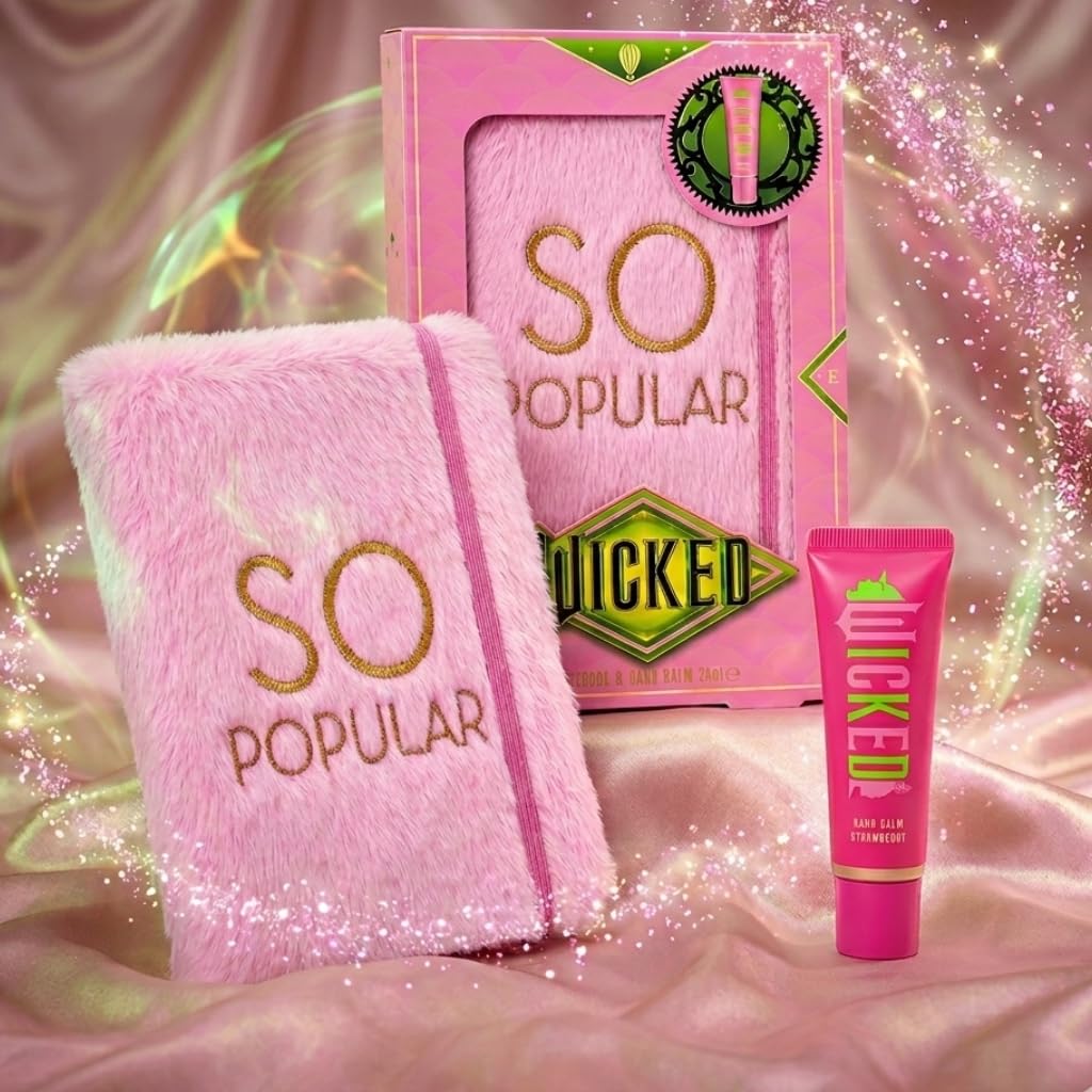 Wicked "So Popularny" zestaw upominkowy - różowy futrzany notatnik i balsam do rąk - oficjalny artykuł muzyczny Wicked Broadway, uroczy dziennik i prezent do pielęgnacji skóry dla fanów