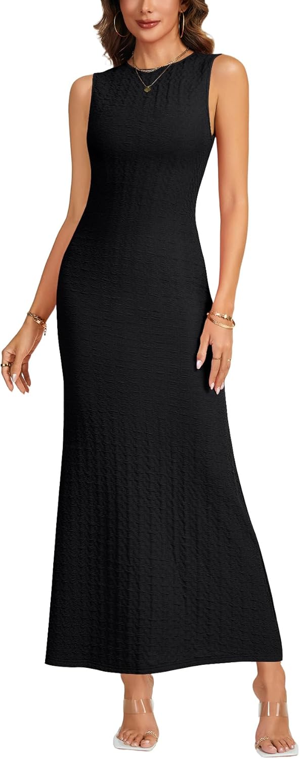 KIFOVEN女性用ラウンドネックノースリーブボディコンシャーリングテクスチャパーティマキシドレス