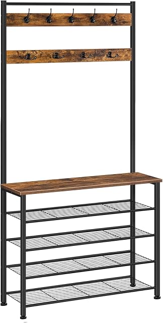 HOOBRO Coat Stand, Coat Rack with Shoe Storage, Free Standing Hall Tree with 9 Hooks, Shoe and Coat Rack for Hallway, Entryway, Metal Frame, Sturdy, Industrial, Rustic Brown and Black EBF80MT01G2