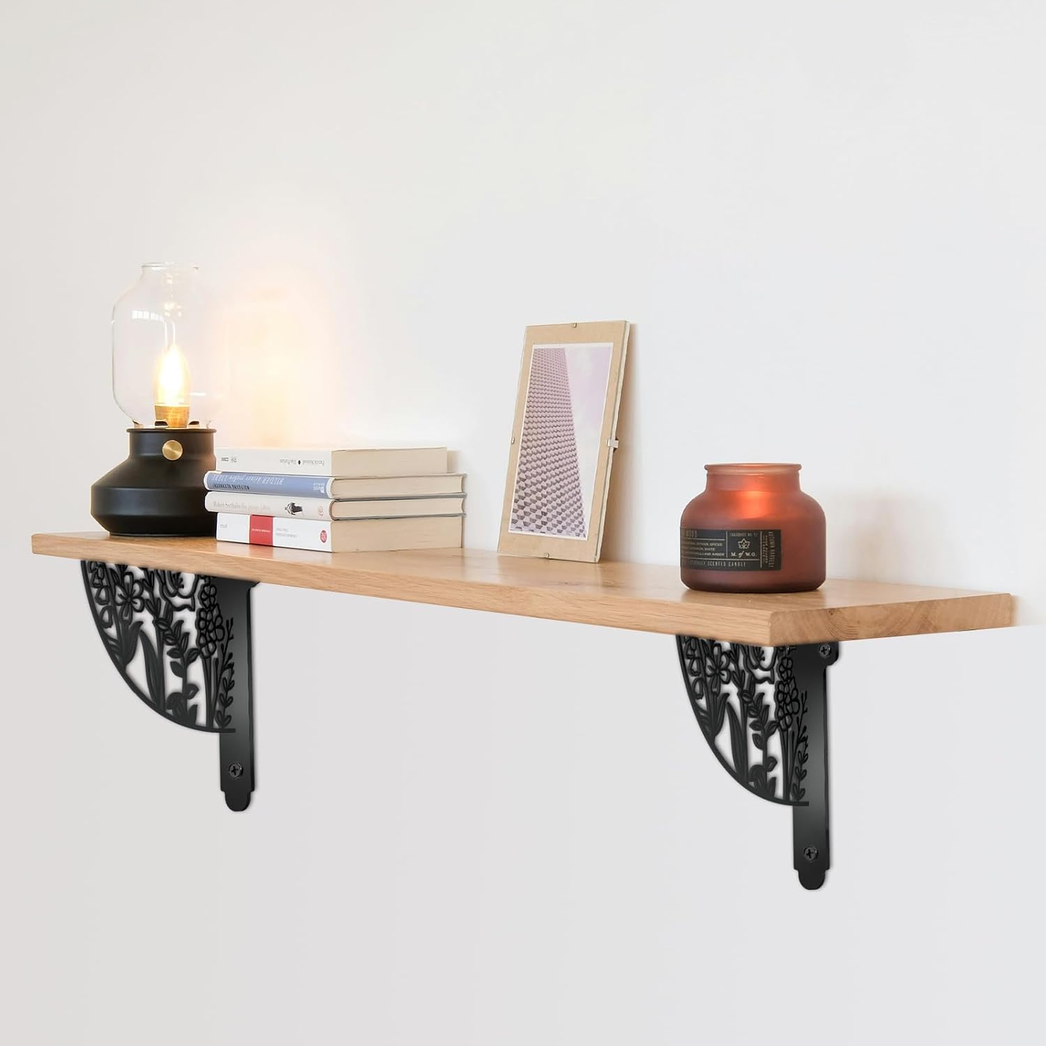 SUPERDANT 2Pcs 8.3x6.8 in Wild Flowers Shelves Brackets Heavy Duty Decorative Shelf Bracket Black Iron Wall Shelf Brackets with Screws for Home Office Bookshelf