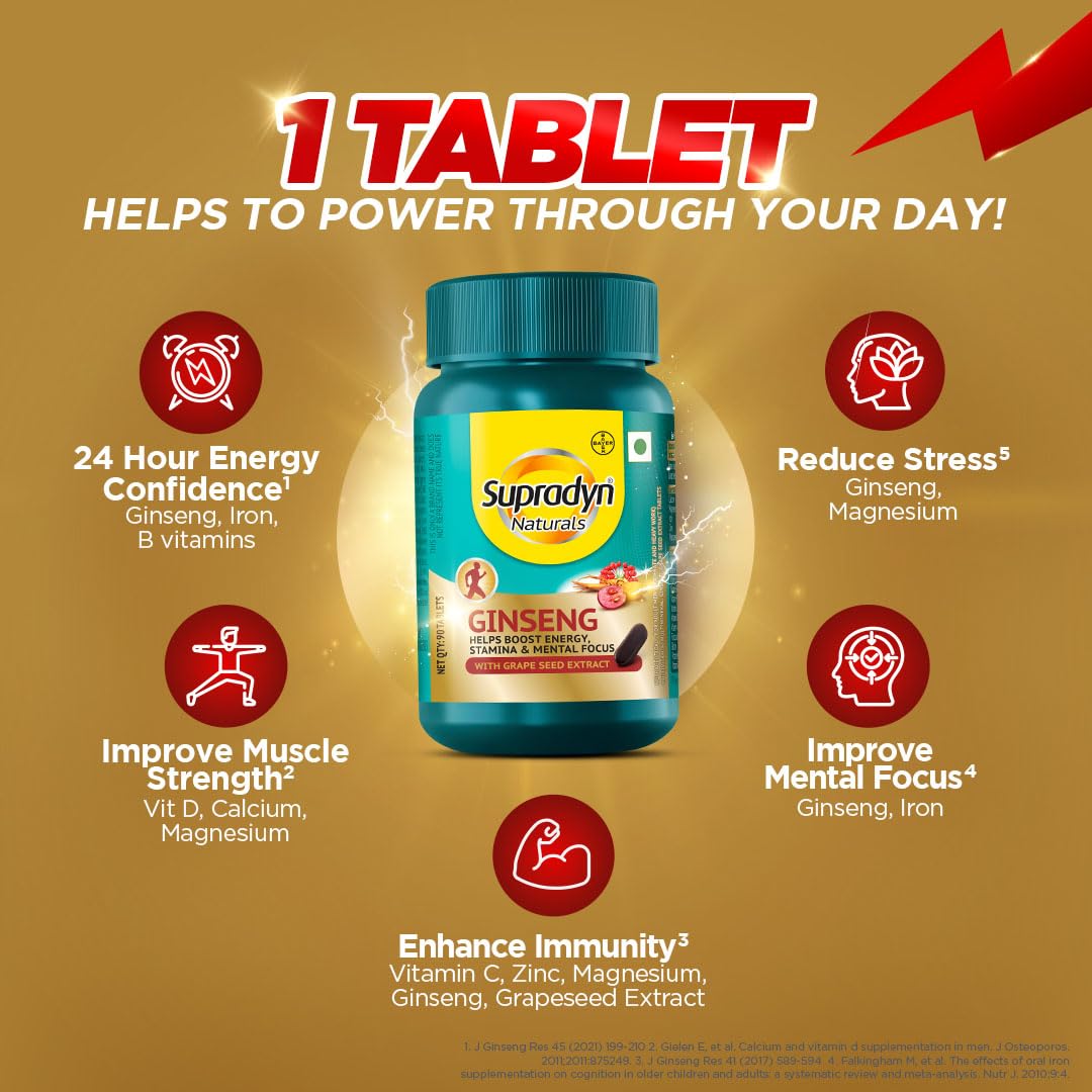 Supradin Naturals Ginseng Multivitamin for Main | Ginseng and Grapesid extract | 12 Vitamins, Zinc, Magnesium | Energy, immunity, stamina, mental focus | 30 bullets | Vegetarian (90) Supradin Naturals Ginseng Multivitamin for Main | Ginseng and Grapesid extract | 12 Vitamins, Zinc, Magnesium | Energy, immunity, stamina, mental focus | 30 bullets | Vegetarian (90)