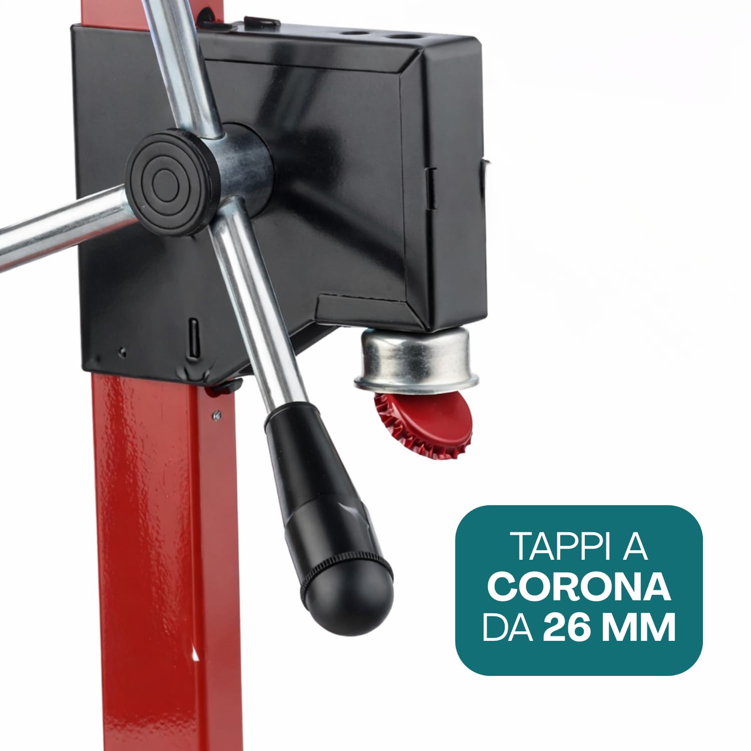 VIRSUS Tappatrice a Cremagliera 3 Leve RE220, Misura 27x52 cm, Peso 3,25 kg, Capsulatrice a Colonna Manuale da Tavolo per Tappi Corona Ø 26 mm Bottiglie Vino Birra + 100 Tappi a Corona Diam 26 mm