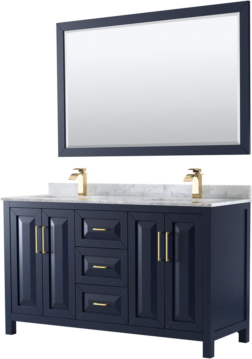 Daria 60 Inch Double Bathroom Vanity in Dark Blue, White Carrara Marble Countertop, Undermount Square Sinks, 58 Inch Mirror