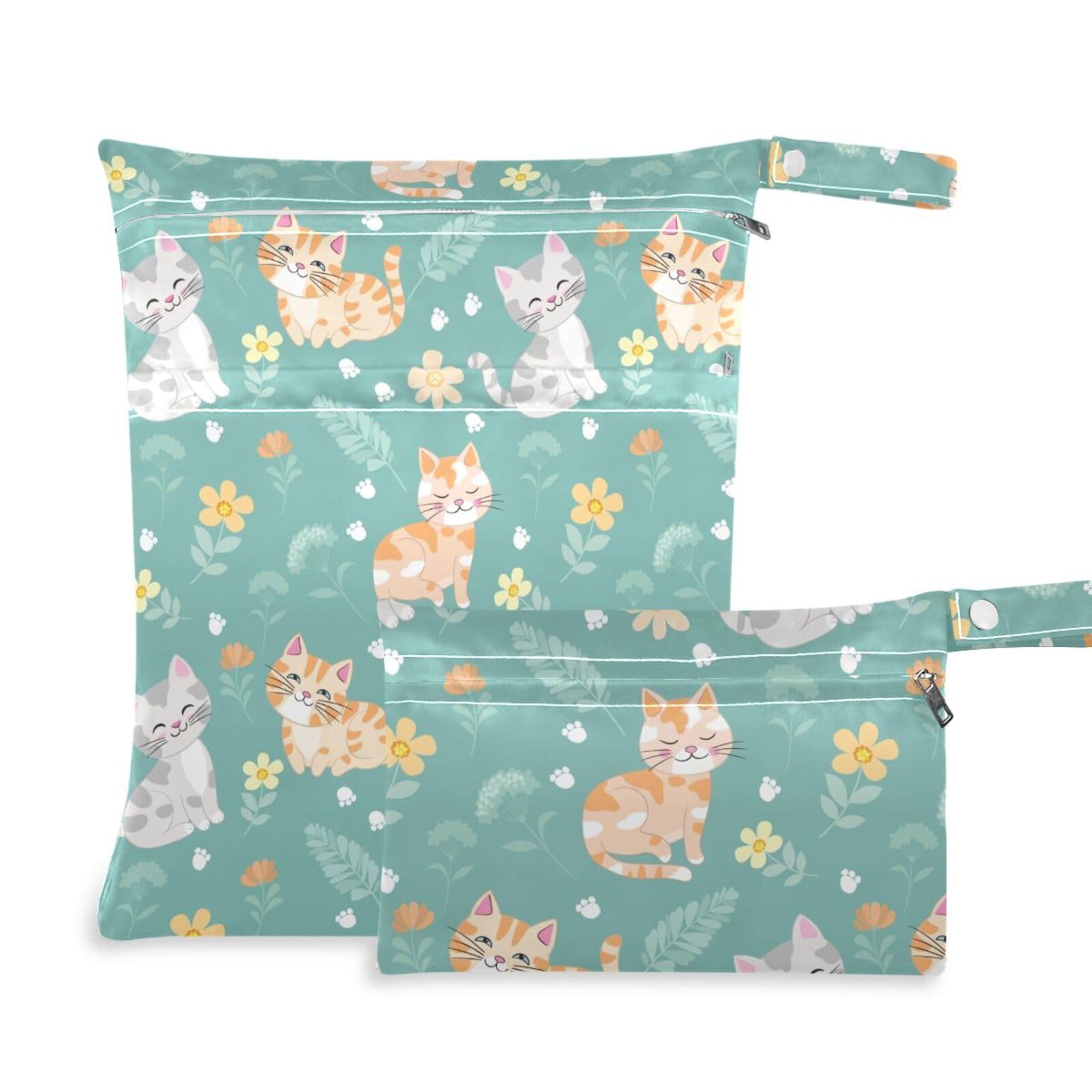 susiyo 2 Pcs Wet Dry Bag Cute Cat Waterproof Reusable Baby Cloth Diaper Wet Bags with 2 Zipper Pockets for Breast Pump Parts Travel Beach Pool Gym Yoga Swimsuits Wet Clothes