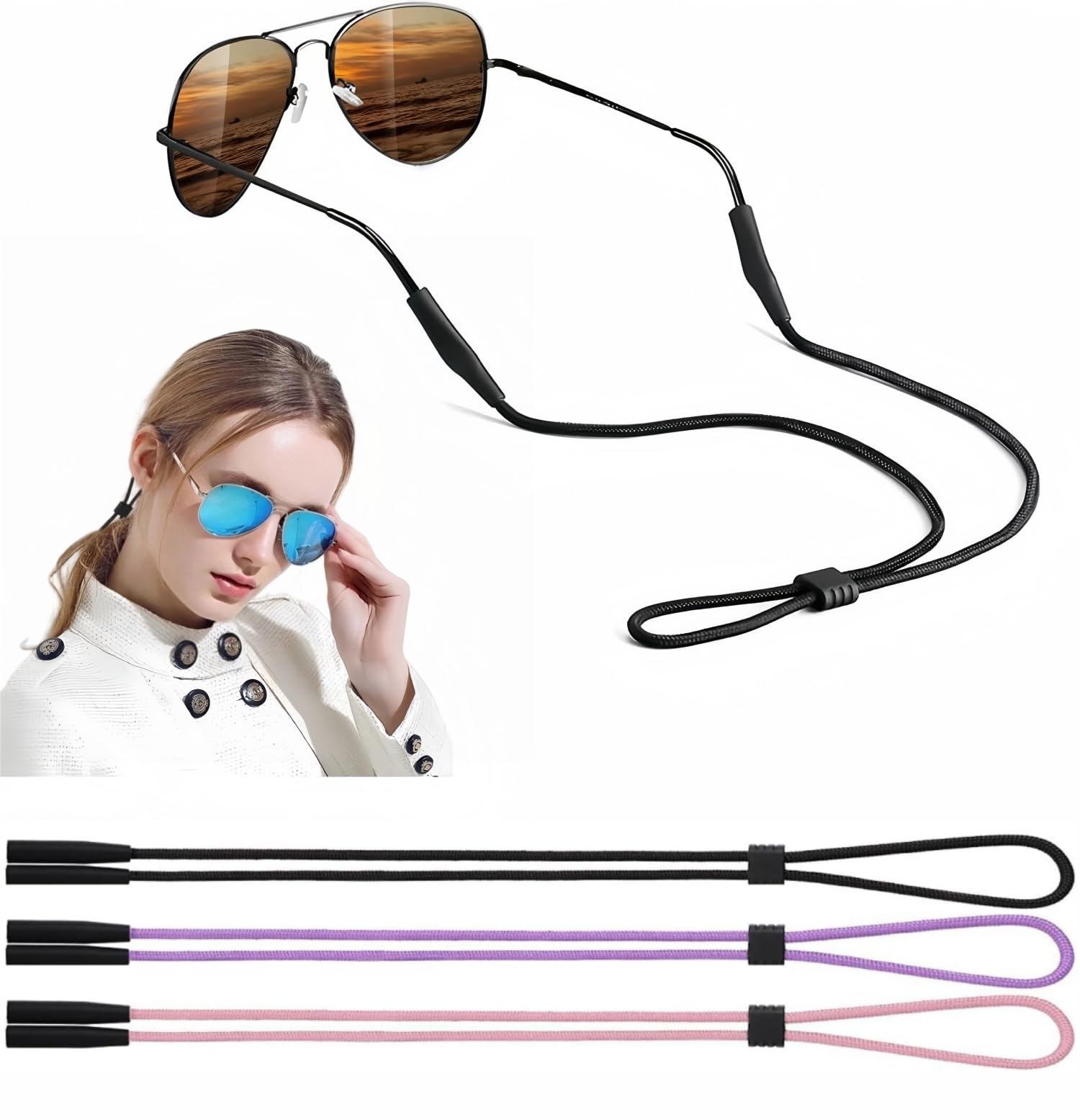 BANSTLE Eyeglasses Holder Strap - 3 Pcs Adjustable Eyewear String Lanyard Retainer - Sunglasses Strap for Men, Women and Kids - Eyeglass Holders Around Neck - Black, Purple, Pink