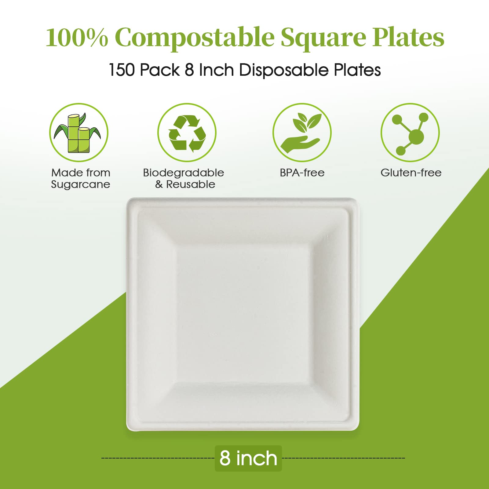 ECOLipak 150 platos de papel cuadrados, platos desechables compostables de 8 pulgadas, placas de caña de azúcar biodegradables resistentes ecológicas para fiestas, cenas, cumpleaños
